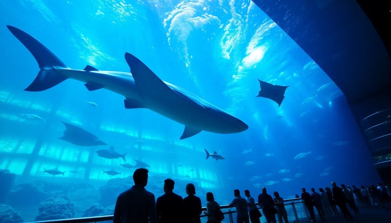 Large indoor aquarium display with whale sharks and manta rays